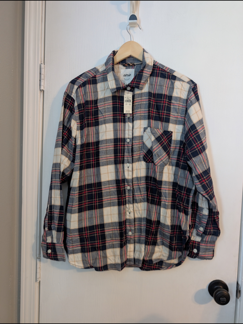 aerie Men's Plaid Button-Down Shirt in Navy, Cream & Red